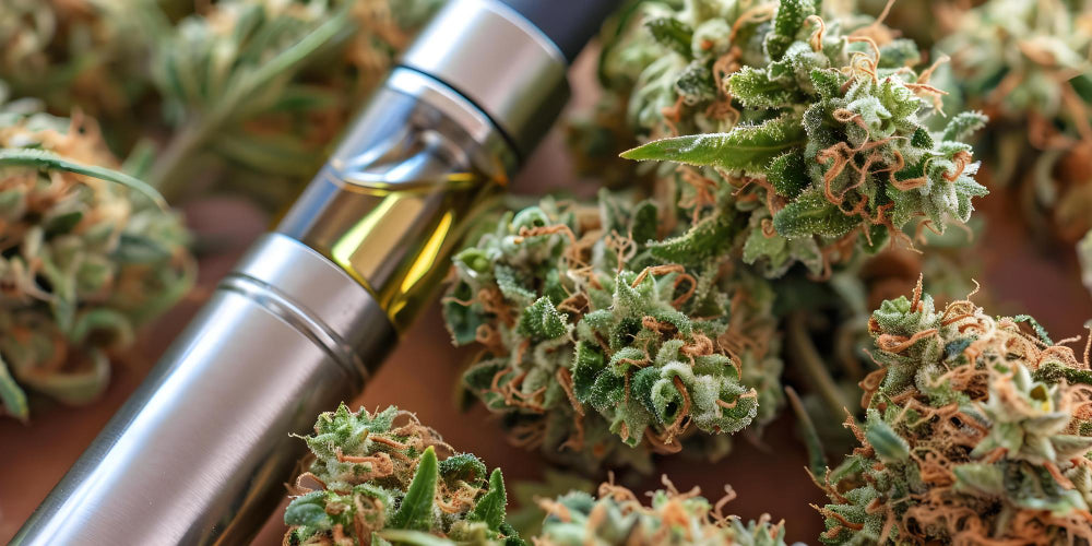THC Pen Vape with Cannabis plants around